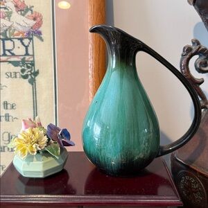 MCM Boomerang Handle Pitcher Teal Black Drip Glaze Ceramic Ewer Vase 9" Vtg